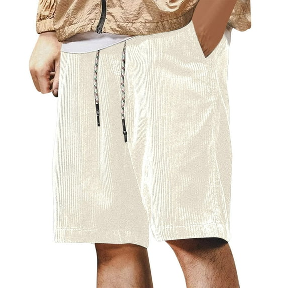 Corduroy Casual Shorts for Mens Wide Leg Cotton Bermuda Shorts with Pockets Loose Summer Beach Shorts Beige, M