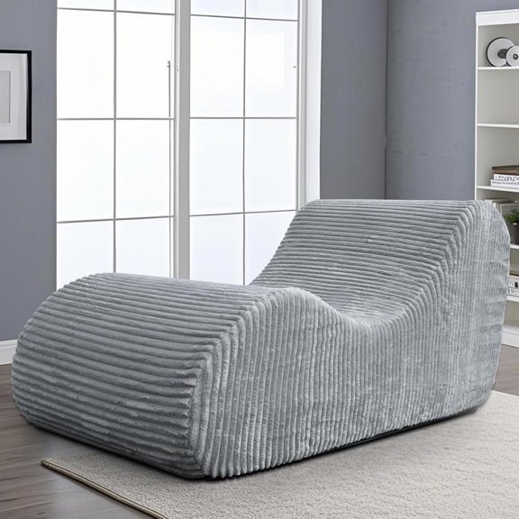 Hanyu Corduroy Chaise Lounge Chair Couch Indoor Boneless Oversized High-Density Sponge Soft Sofa Human Body Curves for Yoga, Light Grey