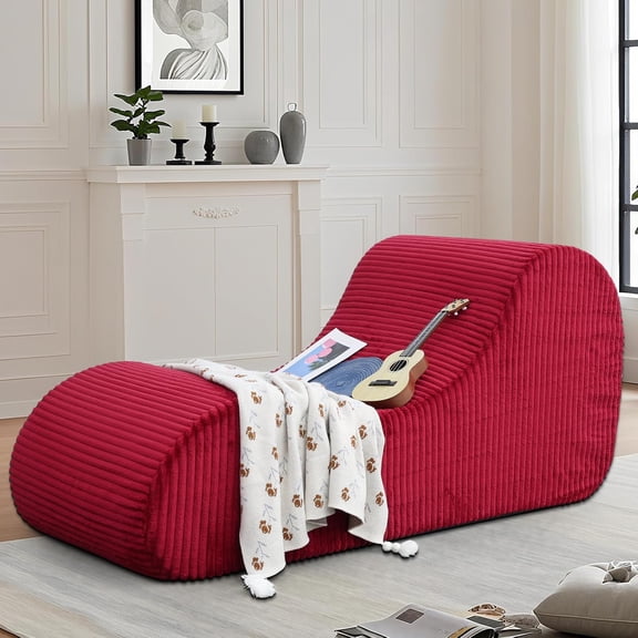 Lviden Corduroy Chaise Lounge Chair Couch Indoor Boneless Oversized High-Density Sponge Soft Sofa Human Body Curves for Yoga, Red