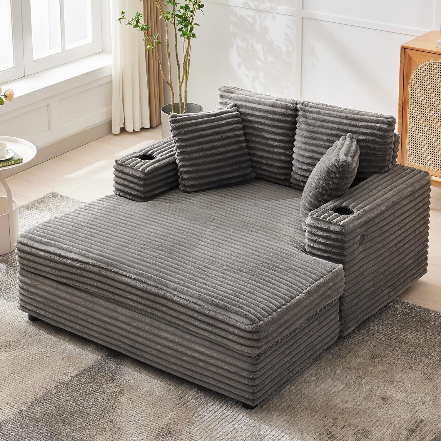 Corduroy Chaise Lounge Sofa Bed with Built-In USB Charging Ports and ...