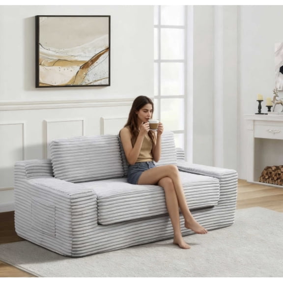 Corduroy Cloud Double Sofa 2-in-1 Convertible Sofa Bed Comfortable Boneless Double Sofa Suitable for Living Room Apartment Small Space Grey