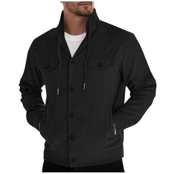 Corduroy Coat for Men Button Down Drawstring Stand Collar Casual Jackets with Pockets Fall Winter Outerwear (XL, Black)