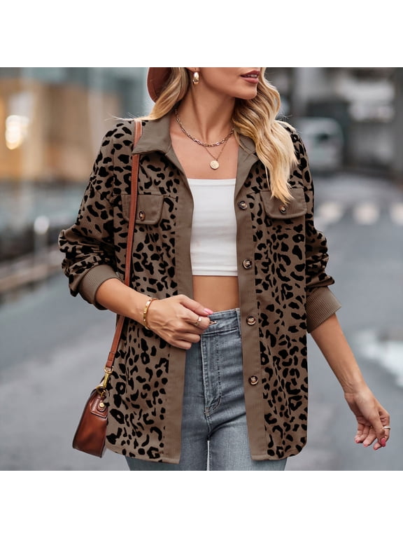 Corduroy-Coats for Women Trendy Leopard Printed Button-Down Collared Shackets Jackets Ladies Casual Long Sleeve Soft Outerwear Coat