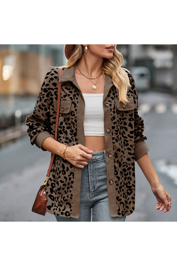 Corduroy-Coats for Women Trendy Leopard Printed Button-Down Collared Shackets Jackets Ladies Casual Long Sleeve Soft Outerwear Coat