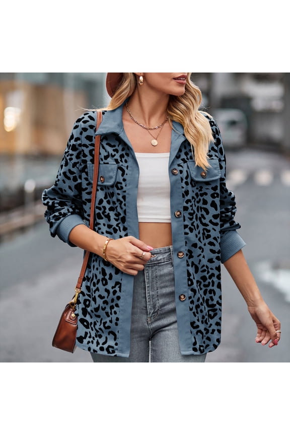 Corduroy-Coats for Women Trendy Leopard Printed Button-Down Collared Shackets Jackets Ladies Casual Long Sleeve Soft Outerwear Coat