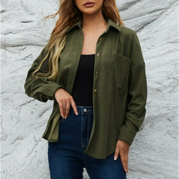 Corduroy-Coats for Women with Pocket Button Up Collared Long Sleeve Shackets Jackets Ladies Casual Solid Loose Comfort Outerwear Coat
