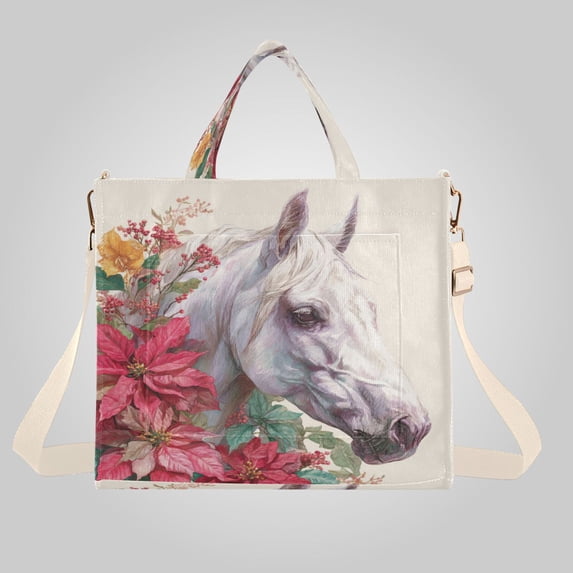 Corduroy Composite Fabric Tote Bag Magnetic Snap Large Capacity Crossbody Bag Beige Shoulder Strap A Beautiful White Horse