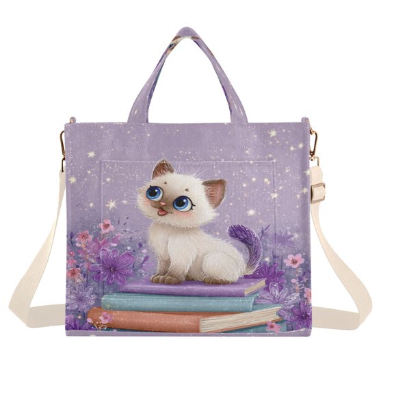 Corduroy Composite Fabric Tote Bag Magnetic Snap Large Capacity Crossbody Bag Beige Shoulder Strap Adorable Baby Kitten Pattern