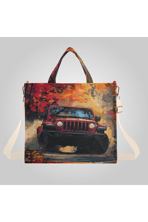 Corduroy Composite Fabric Tote Bag Magnetic Snap Large Capacity Crossbody Bag Beige Shoulder Strap Autumn Trail Red Off-road Jeep