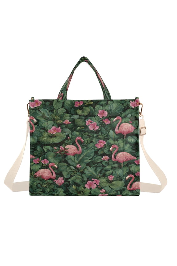Corduroy Composite Fabric Tote Bag Magnetic Snap Large Capacity Crossbody Bag Beige Shoulder Strap Beautiful Flamingos