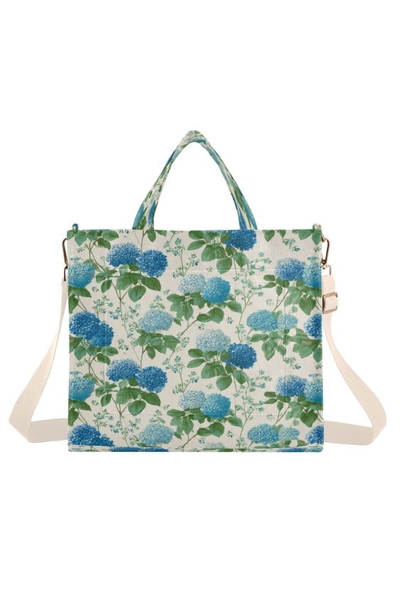 Corduroy Composite Fabric Tote Bag Magnetic Snap Large Capacity Crossbody Bag Beige Shoulder Strap Blue Hydrangea Pattern
