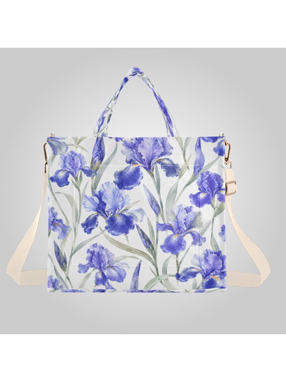 Corduroy Composite Fabric Tote Bag Magnetic Snap Large Capacity Crossbody Bag Beige Shoulder Strap Blue Iris Floral Pattern