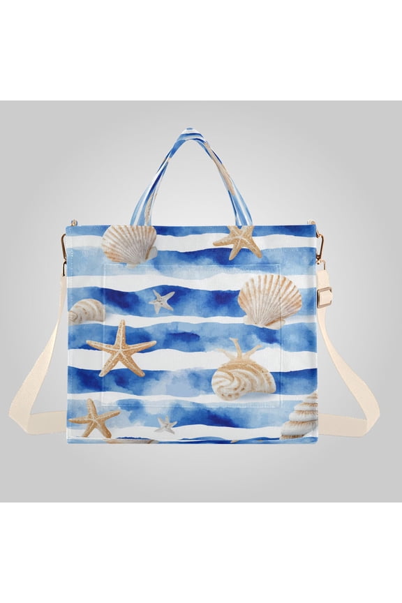 Corduroy Composite Fabric Tote Bag Magnetic Snap Large Capacity Crossbody Bag Beige Shoulder Strap Blue Nautical Stripes Pattern