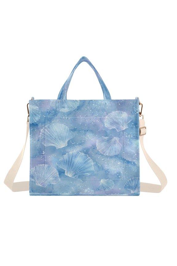 Corduroy Composite Fabric Tote Bag Magnetic Snap Large Capacity Crossbody Bag Beige Shoulder Strap Blue Sea Shell Pattern