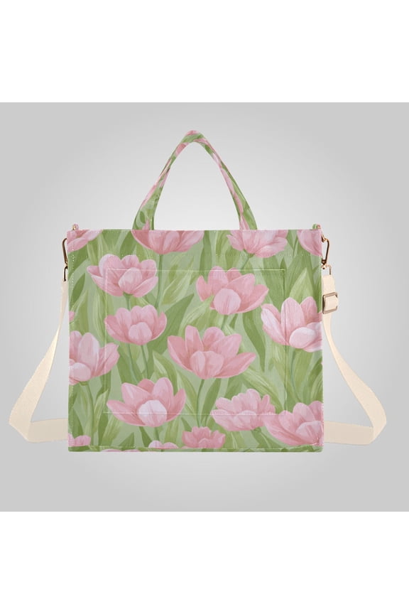 Corduroy Composite Fabric Tote Bag Magnetic Snap Large Capacity Crossbody Bag Beige Shoulder Strap Blush Tulip Meadow