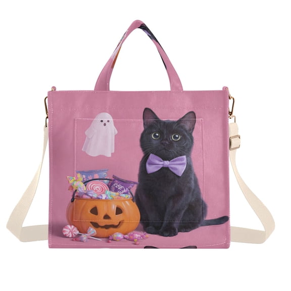 Corduroy Composite Fabric Tote Bag Magnetic Snap Large Capacity Crossbody Bag Beige Shoulder Strap Bow Tie Black Cat