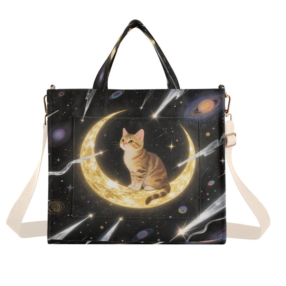 Corduroy Composite Fabric Tote Bag Magnetic Snap Large Capacity Crossbody Bag Beige Shoulder Strap Brown Cat on The Moon