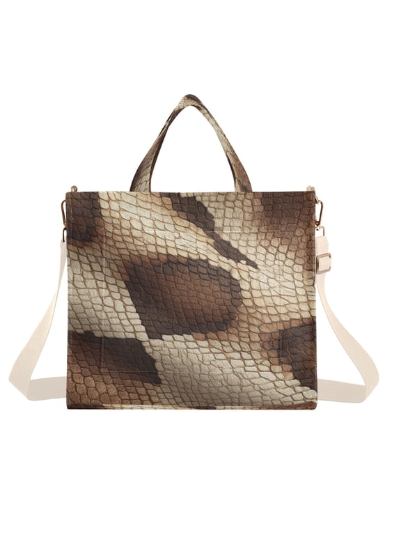 Corduroy Composite Fabric Tote Bag Magnetic Snap Large Capacity Crossbody Bag Beige Shoulder Strap Brown Snake Skin Pattern