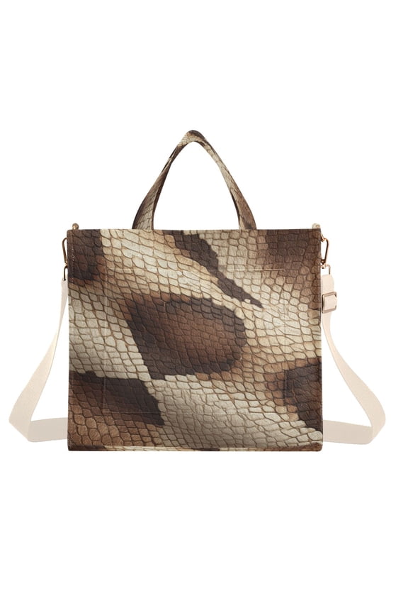 Corduroy Composite Fabric Tote Bag Magnetic Snap Large Capacity Crossbody Bag Beige Shoulder Strap Brown Snake Skin Pattern