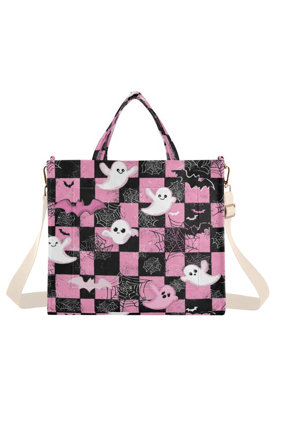 Corduroy Composite Fabric Tote Bag Magnetic Snap Large Capacity Crossbody Bag Beige Shoulder Strap Cartoon Ghosts