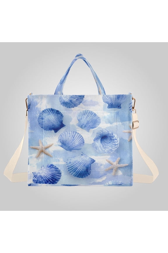 Corduroy Composite Fabric Tote Bag Magnetic Snap Large Capacity Crossbody Bag Beige Shoulder Strap Cerulean Seashells Pattern