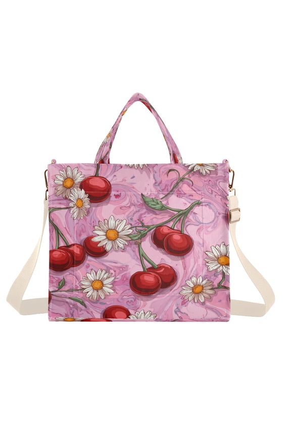 Corduroy Composite Fabric Tote Bag Magnetic Snap Large Capacity Crossbody Bag Beige Shoulder Strap Cherry Fruit