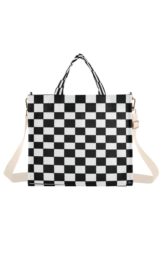 Corduroy Composite Fabric Tote Bag Magnetic Snap Large Capacity Crossbody Bag Beige Shoulder Strap Classic Black-and-white Checkered Pattern