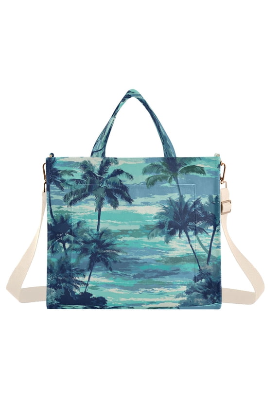 Corduroy Composite Fabric Tote Bag Magnetic Snap Large Capacity Crossbody Bag Beige Shoulder Strap Coconut Trees by The Sea