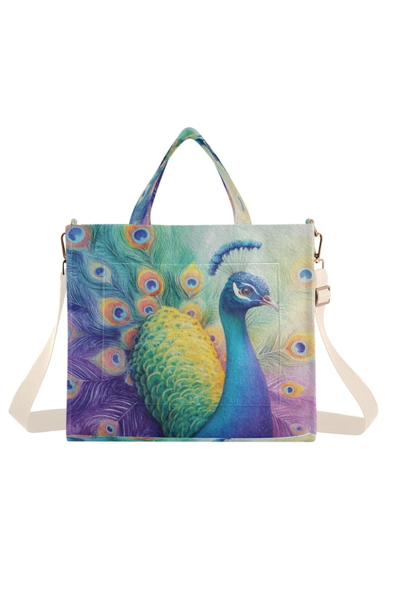 Corduroy Composite Fabric Tote Bag Magnetic Snap Large Capacity Crossbody Bag Beige Shoulder Strap Colorful Peacock Pattern