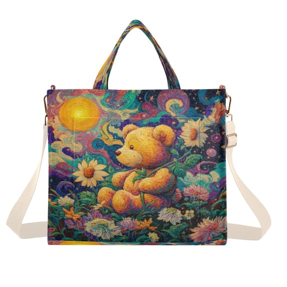Corduroy Composite Fabric Tote Bag Magnetic Snap Large Capacity Crossbody Bag Beige Shoulder Strap Cute Bear and Sunflowers