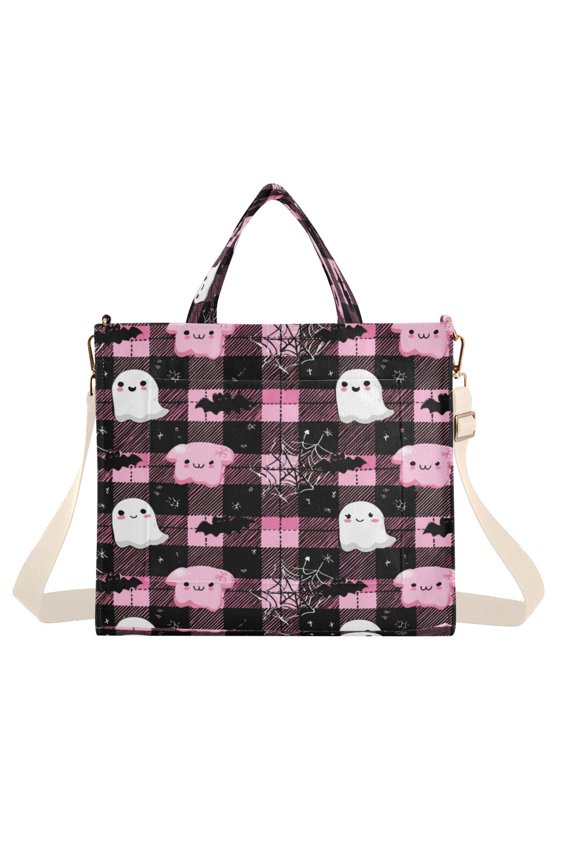 Corduroy Composite Fabric Tote Bag Magnetic Snap Large Capacity Crossbody Bag Beige Shoulder Strap Cute Halloween Ghosts
