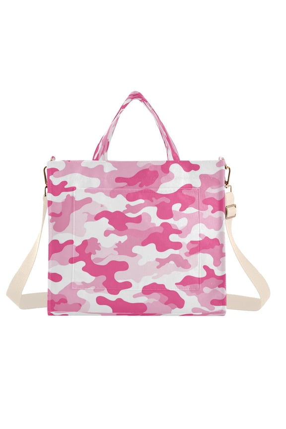 Corduroy Composite Fabric Tote Bag Magnetic Snap Large Capacity Crossbody Bag Beige Shoulder Strap Cute Pink Camouflage Pattern