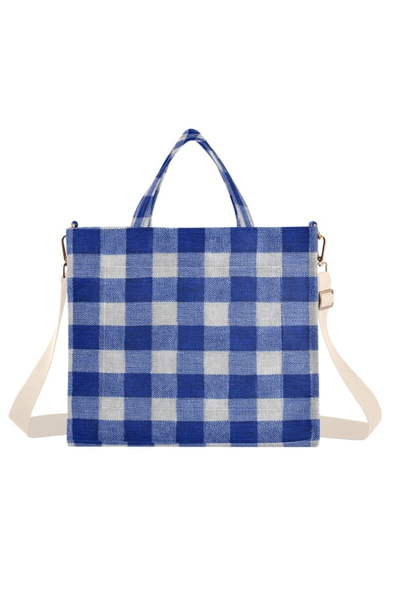 Corduroy Composite Fabric Tote Bag Magnetic Snap Large Capacity Crossbody Bag Beige Shoulder Strap Deep Blue Checkered