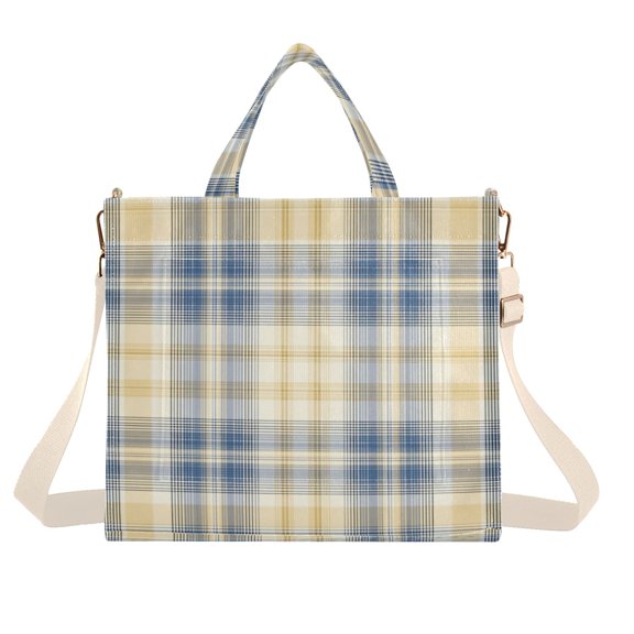 Corduroy Composite Fabric Tote Bag Magnetic Snap Large Capacity Crossbody Bag Beige Shoulder Strap Deep Blue and Yellow Tartan