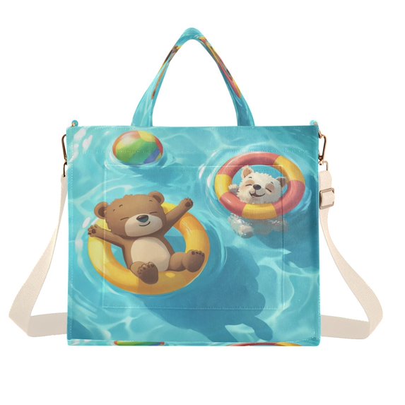 Corduroy Composite Fabric Tote Bag Magnetic Snap Large Capacity Crossbody Bag Beige Shoulder Strap Dog and Bear