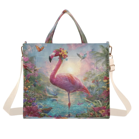 Corduroy Composite Fabric Tote Bag Magnetic Snap Large Capacity Crossbody Bag Beige Shoulder Strap Exotic Paradise Flamingo