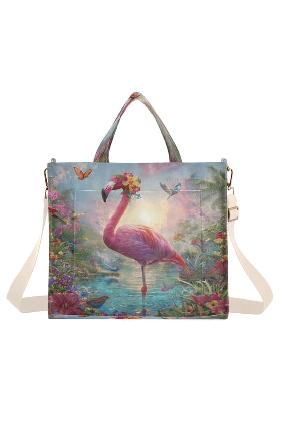 Corduroy Composite Fabric Tote Bag Magnetic Snap Large Capacity Crossbody Bag Beige Shoulder Strap Exotic Paradise Flamingo