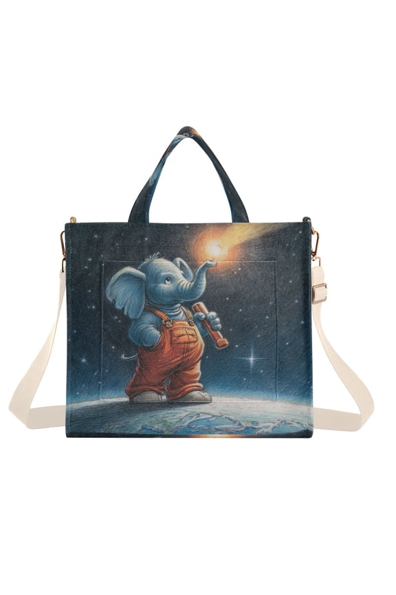 Corduroy Composite Fabric Tote Bag Magnetic Snap Large Capacity Crossbody Bag Beige Shoulder Strap Explorer Elephant