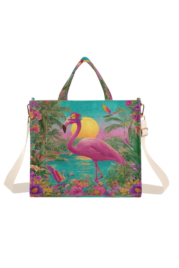Corduroy Composite Fabric Tote Bag Magnetic Snap Large Capacity Crossbody Bag Beige Shoulder Strap Flamingo Resort Style