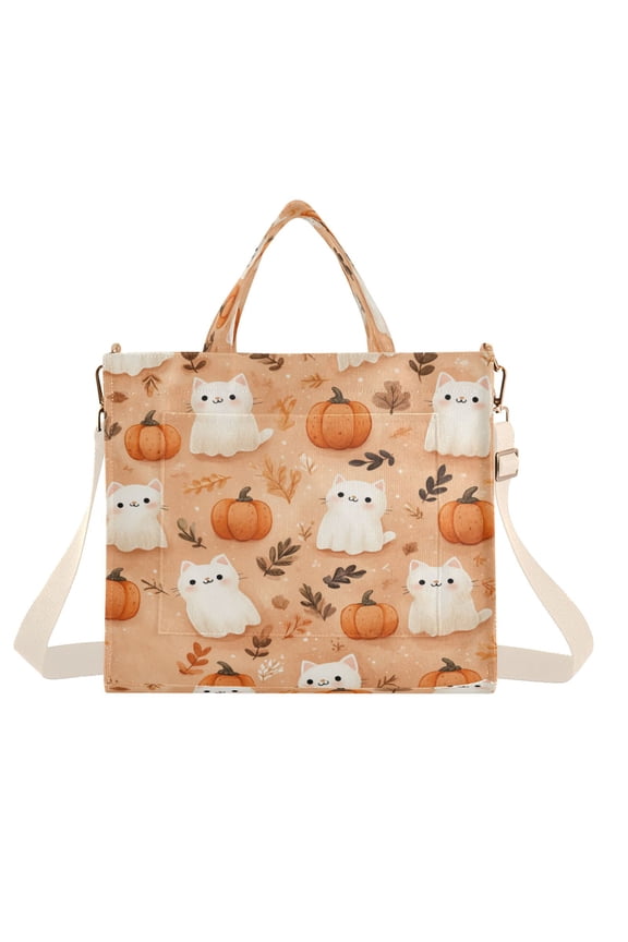 Corduroy Composite Fabric Tote Bag Magnetic Snap Large Capacity Crossbody Bag Beige Shoulder Strap Ghost White Cats