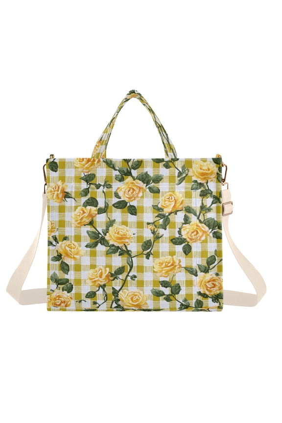 Corduroy Composite Fabric Tote Bag Magnetic Snap Large Capacity Crossbody Bag Beige Shoulder Strap Gingham Pattern Yellow Roses