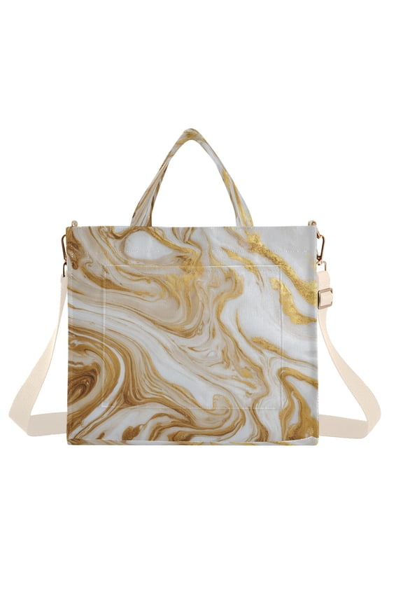 Corduroy Composite Fabric Tote Bag Magnetic Snap Large Capacity Crossbody Bag Beige Shoulder Strap Golden Curved Marble