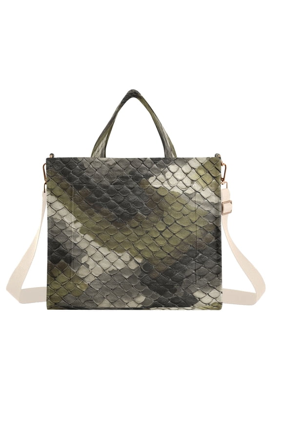 Corduroy Composite Fabric Tote Bag Magnetic Snap Large Capacity Crossbody Bag Beige Shoulder Strap Greenish-brown Snake Skin Print Pattern