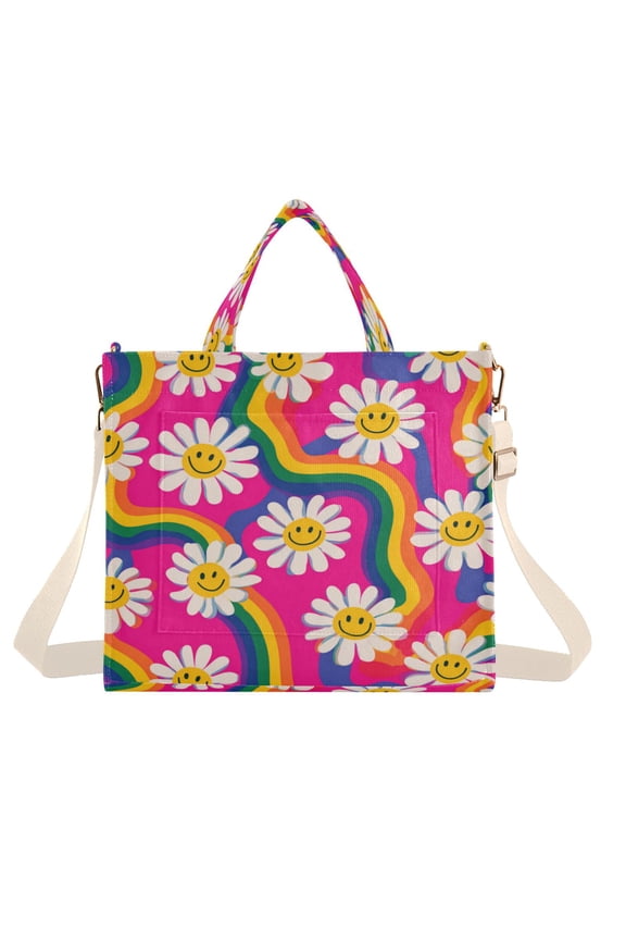 Corduroy Composite Fabric Tote Bag Magnetic Snap Large Capacity Crossbody Bag Beige Shoulder Strap Groovy Daisies with Smiley Faces