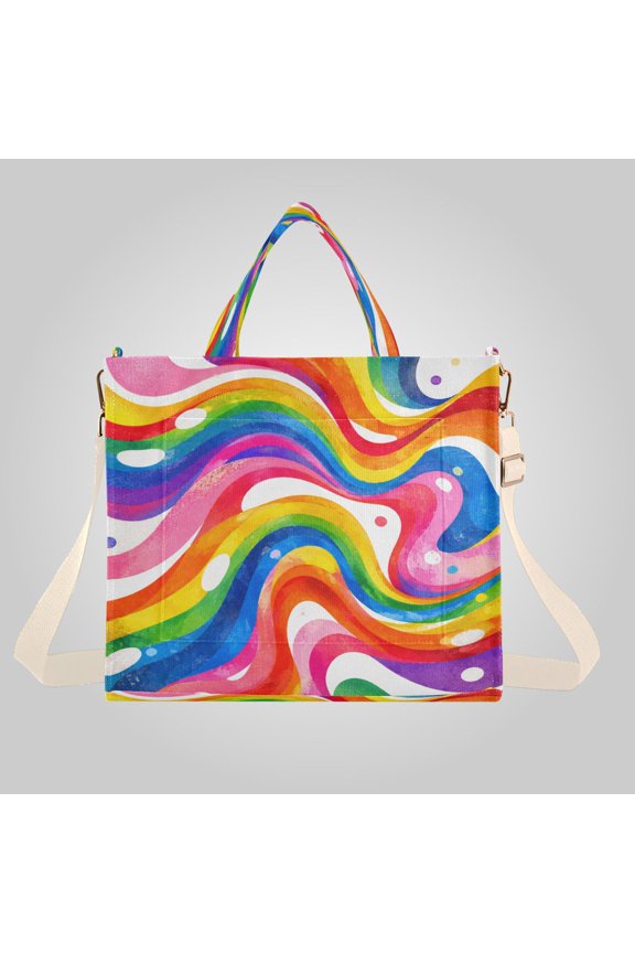Corduroy Composite Fabric Tote Bag Magnetic Snap Large Capacity Crossbody Bag Beige Shoulder Strap Groovy Rainbow Swirl Pattern