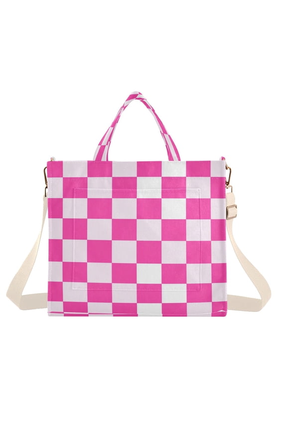 Corduroy Composite Fabric Tote Bag Magnetic Snap Large Capacity Crossbody Bag Beige Shoulder Strap Hot Pink Checkered Pattern