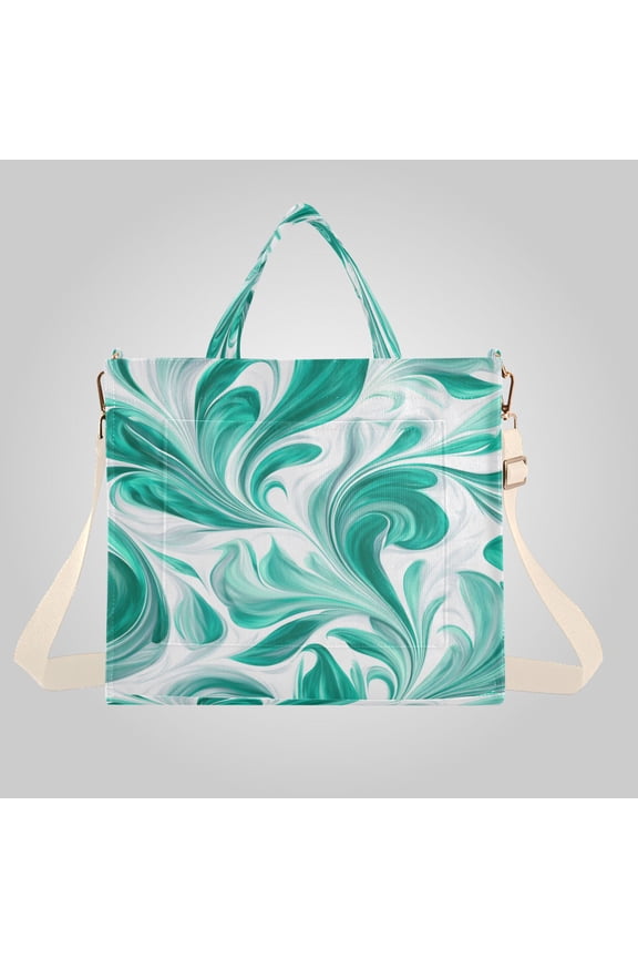 Corduroy Composite Fabric Tote Bag Magnetic Snap Large Capacity Crossbody Bag Beige Shoulder Strap Jade Green Marble Pattern