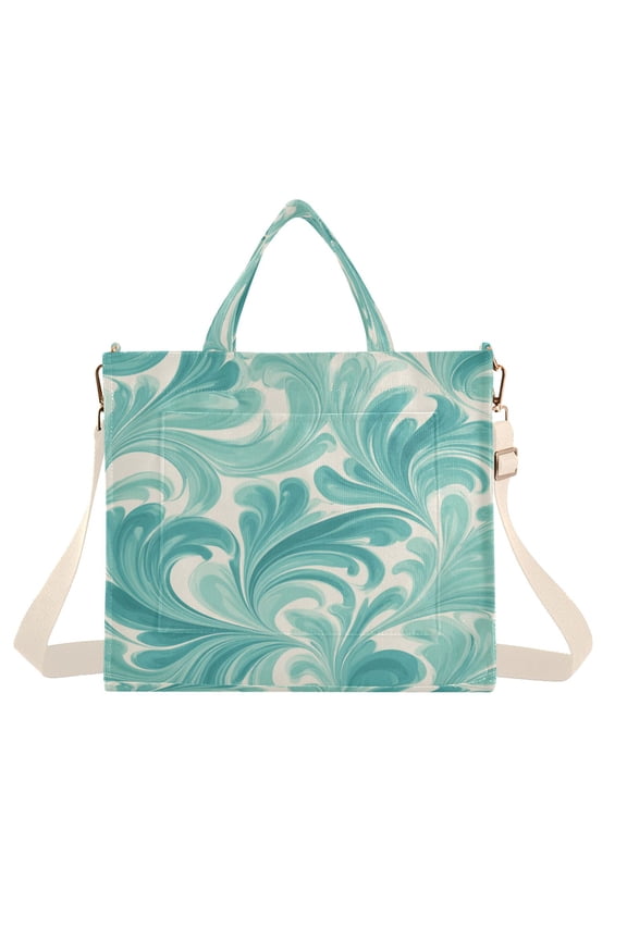 Corduroy Composite Fabric Tote Bag Magnetic Snap Large Capacity Crossbody Bag Beige Shoulder Strap Light Green Seaweed Pattern