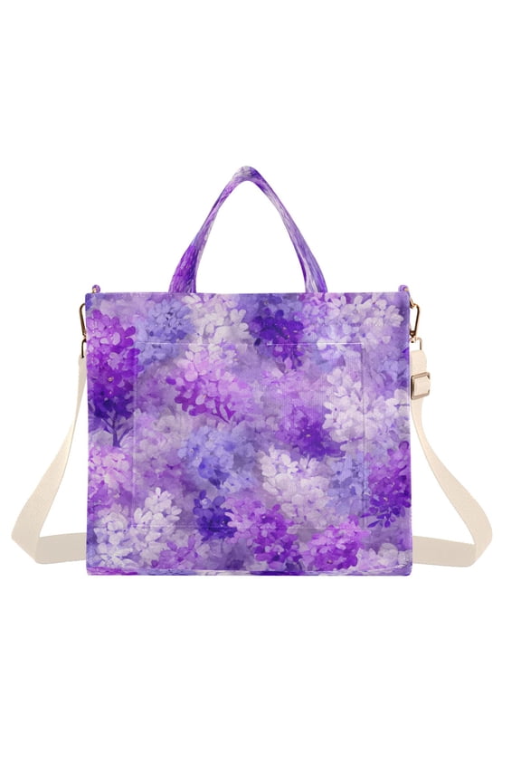 Corduroy Composite Fabric Tote Bag Magnetic Snap Large Capacity Crossbody Bag Beige Shoulder Strap Lilac Purple Floral Pattern