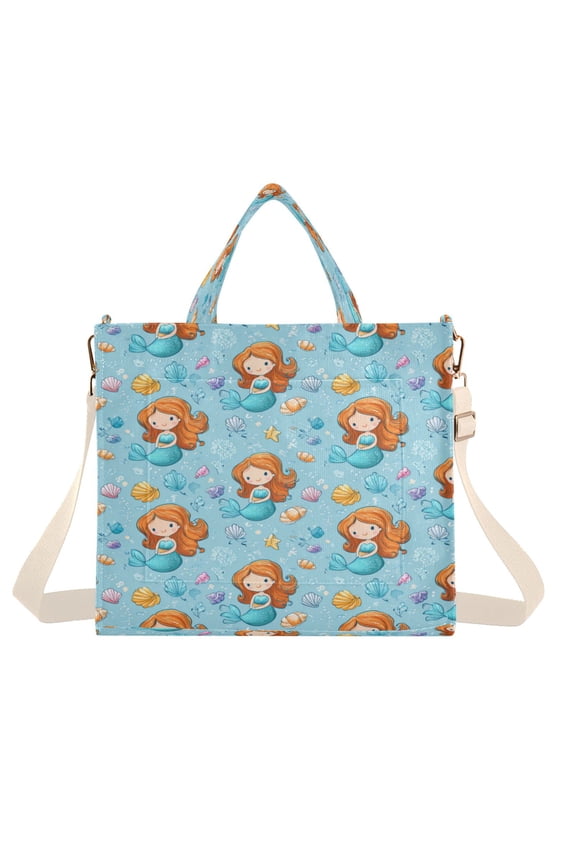 Corduroy Composite Fabric Tote Bag Magnetic Snap Large Capacity Crossbody Bag Beige Shoulder Strap Little Mermaids and Seashells
